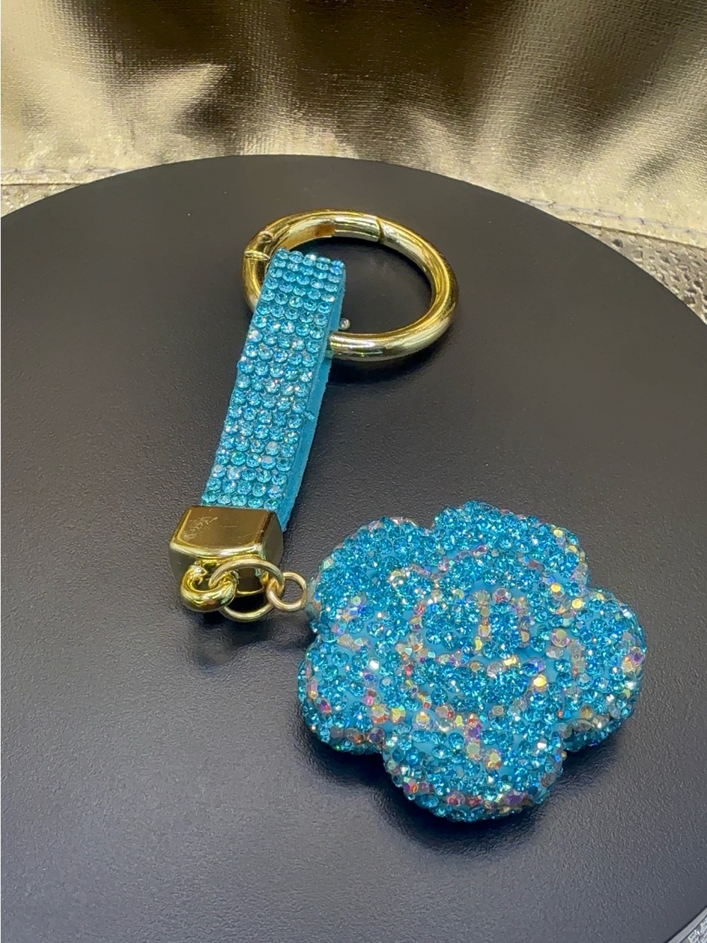 Sparkling Blue Crystal Flower Keychain with Gold Ring
